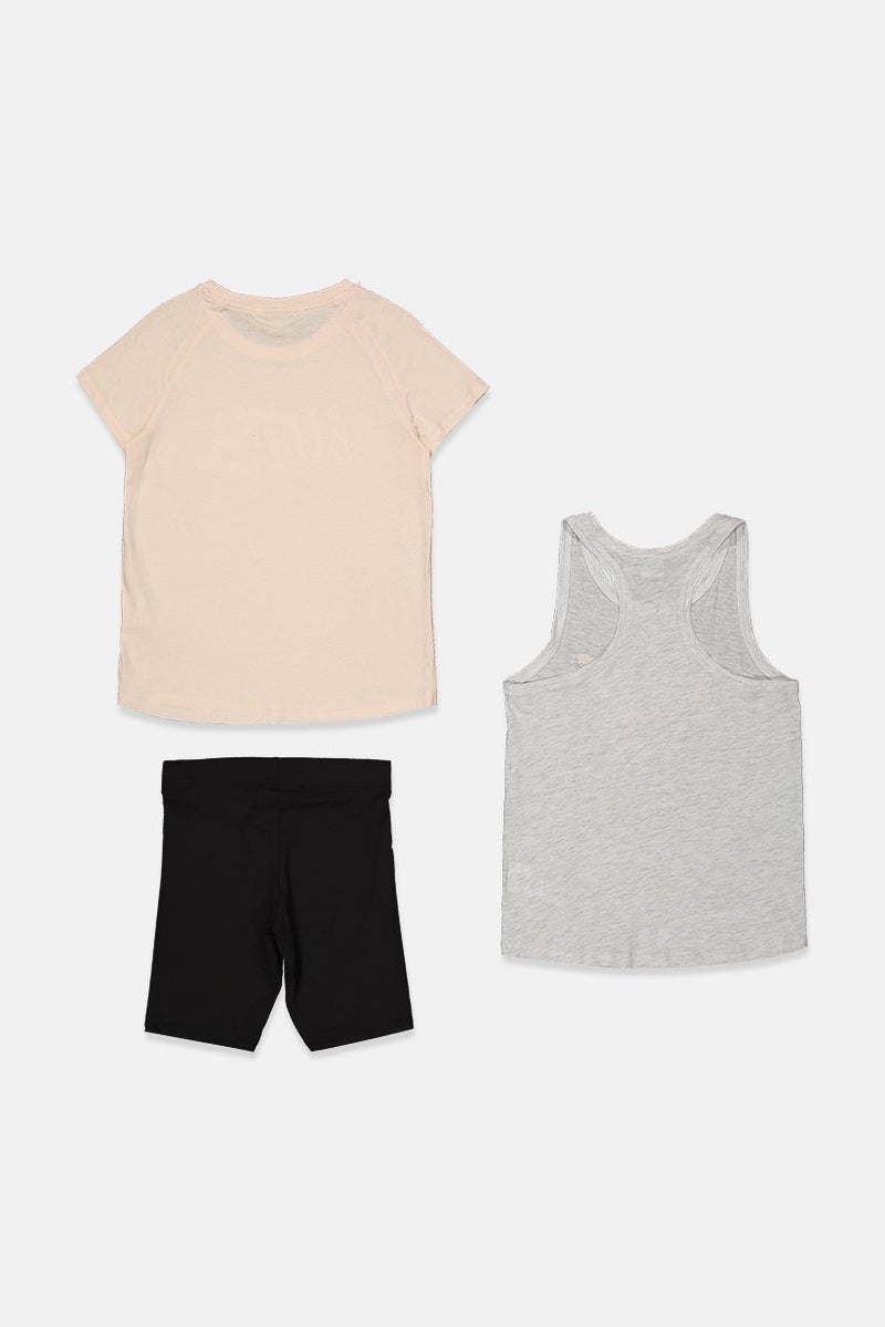PUMA Kid Girls 3 Piece Graphic Print Tee, Tank And Shorts, Coral and Grey and Black  - Image 2
