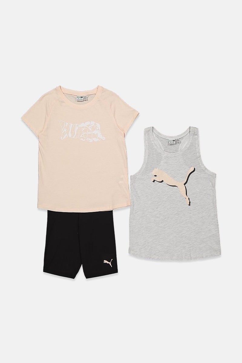PUMA Kid Girls 3 Piece Graphic Print Tee, Tank And Shorts, Coral and Grey and Black  - Image 3