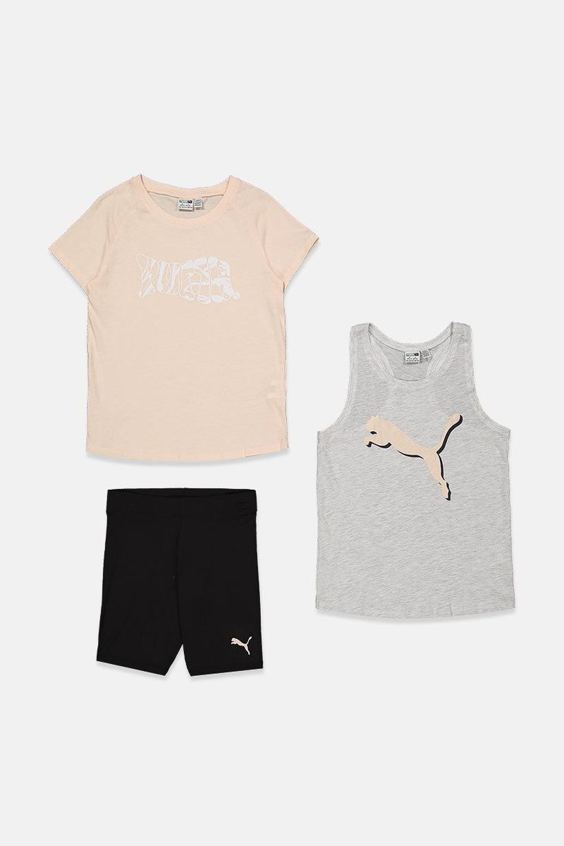 PUMA Kid Girls 3 Piece Graphic Print Tee, Tank And Shorts, Coral and Grey and Black  - Image 1