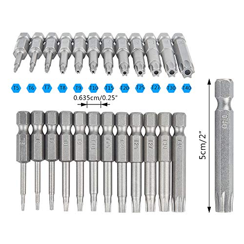 DanziX 12 Pack Torx Head Screwdriver Bit Set,DanziX 1/4 inch Hex Shank T5-T40 S2 Steel Security Tamper Proof Star 6 Point Screwdriver Tool Kit with 1 Pack Handle - Image 2