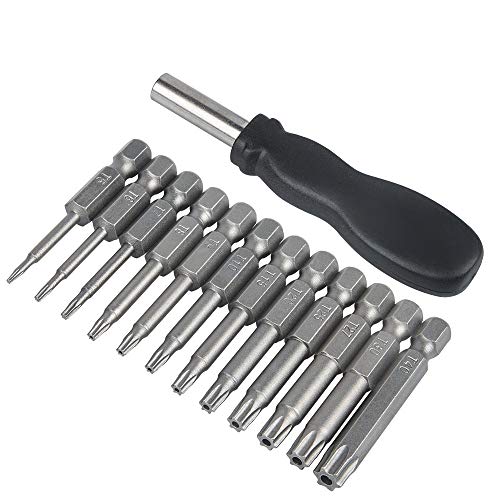 DanziX 12 Pack Torx Head Screwdriver Bit Set,DanziX 1/4 inch Hex Shank T5-T40 S2 Steel Security Tamper Proof Star 6 Point Screwdriver Tool Kit with 1 Pack Handle - Image 1