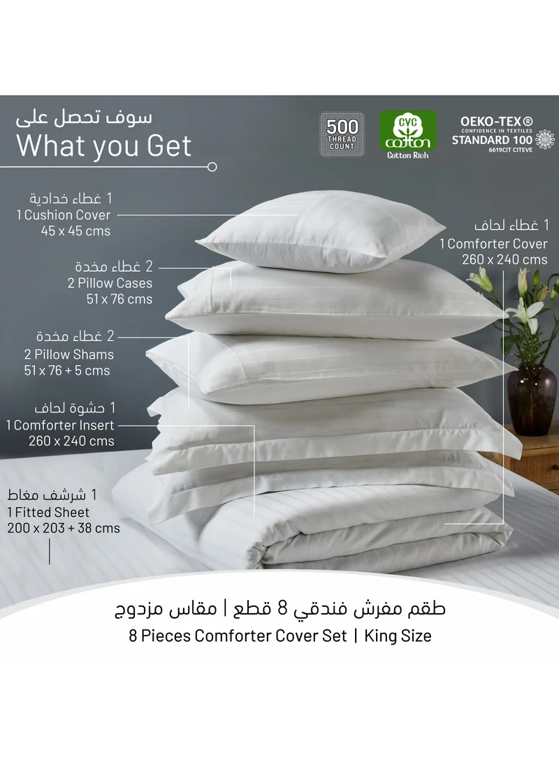 Donetella 8-Piece Hotel Style Comforter Cotton Blend 500 Thread Count Damask Stripes King Size White