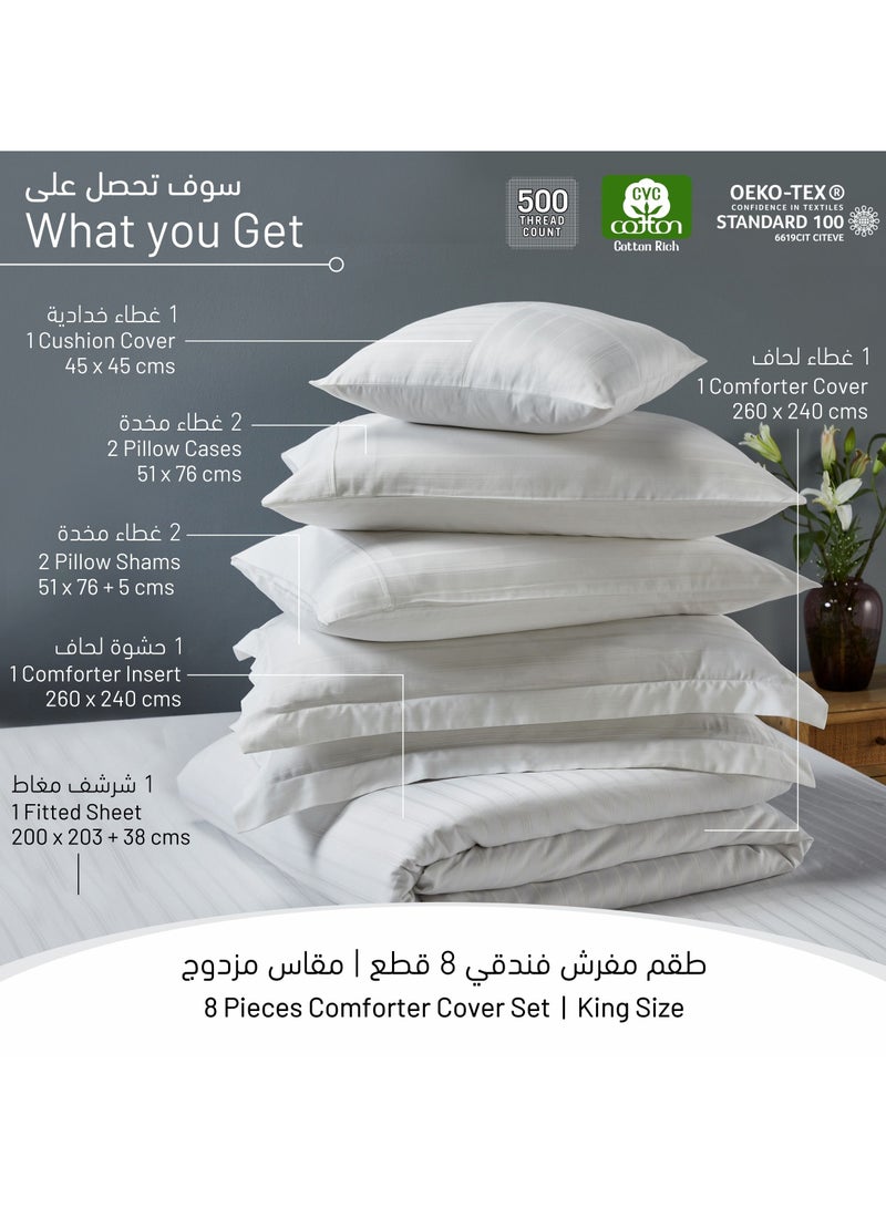 Donetella 8-Piece Hotel Style Comforter Cotton Blend 500 Thread Count Damask Stripes King Size White  - Image 3