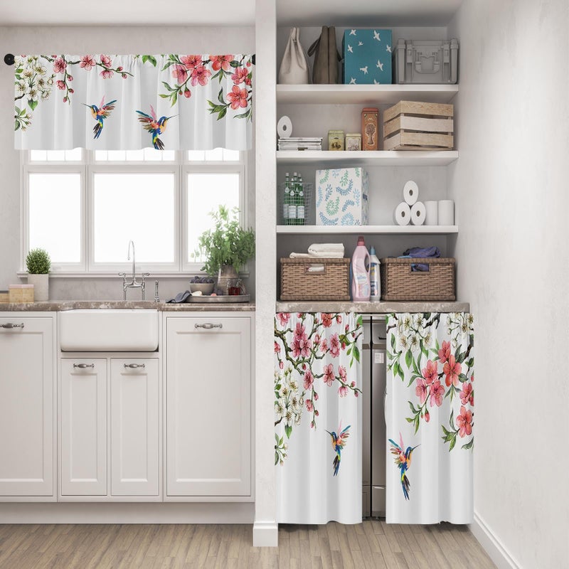 Tayney Flower Bird Kitchen Window Curtains Valance and Tier Set 36 Inch, Spring Hummingbird Watercolor Pink Botanical Rod Pocket Short Tier Curtain, Floral Small Cafe Drapes for Kitchen Decor - Image 2