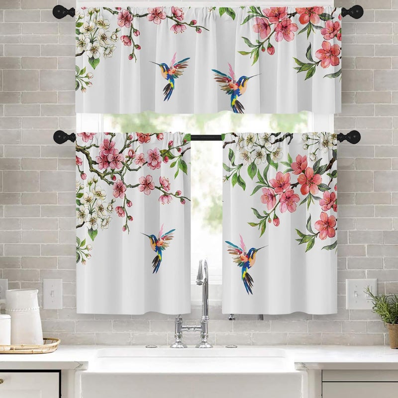 Tayney Flower Bird Kitchen Window Curtains Valance and Tier Set 36 Inch, Spring Hummingbird Watercolor Pink Botanical Rod Pocket Short Tier Curtain, Floral Small Cafe Drapes for Kitchen Decor - Image 1