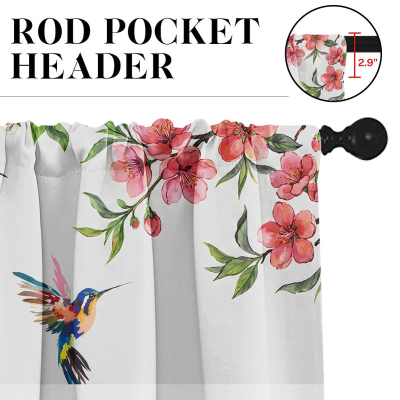Tayney Flower Bird Kitchen Window Curtains Valance and Tier Set 36 Inch, Spring Hummingbird Watercolor Pink Botanical Rod Pocket Short Tier Curtain, Floral Small Cafe Drapes for Kitchen Decor - Image 5