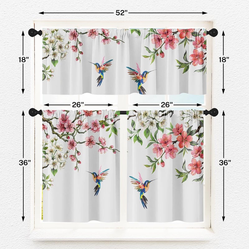 Tayney Flower Bird Kitchen Window Curtains Valance and Tier Set 36 Inch, Spring Hummingbird Watercolor Pink Botanical Rod Pocket Short Tier Curtain, Floral Small Cafe Drapes for Kitchen Decor - Image 3