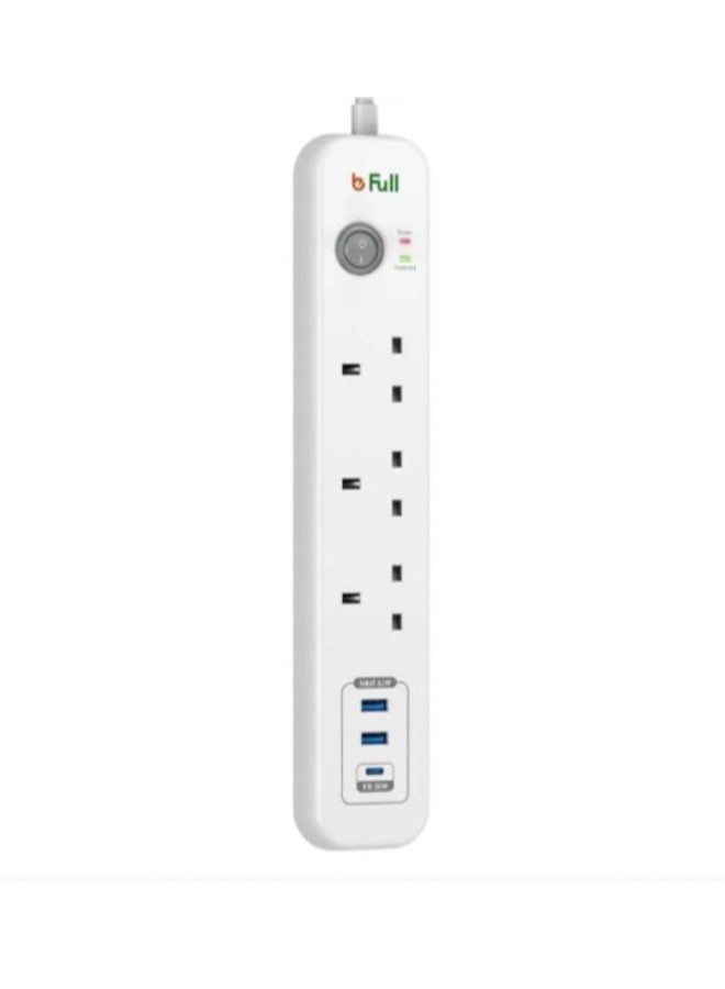 بي فل توصيلة كهرباء b Full بقدرة 2860 واط - 6 منافذ (3 كهرباء AC و3 شحن USB) - منفذ PD 30W سريع - سلك بطول 5 أمتار - أبيض. - Image 1