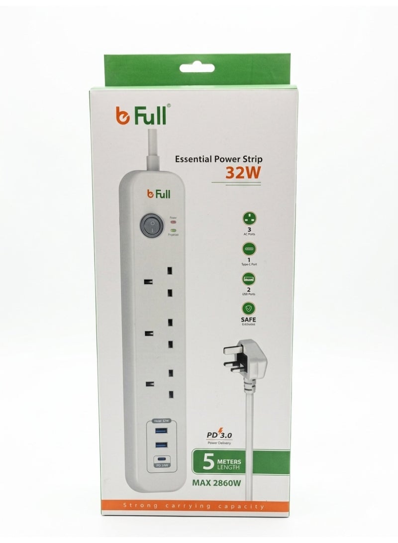 بي فل توصيلة كهرباء b Full بقدرة 2860 واط - 6 منافذ (3 كهرباء AC و3 شحن USB) - منفذ PD 30W سريع - سلك بطول 5 أمتار - أبيض. - Image 4