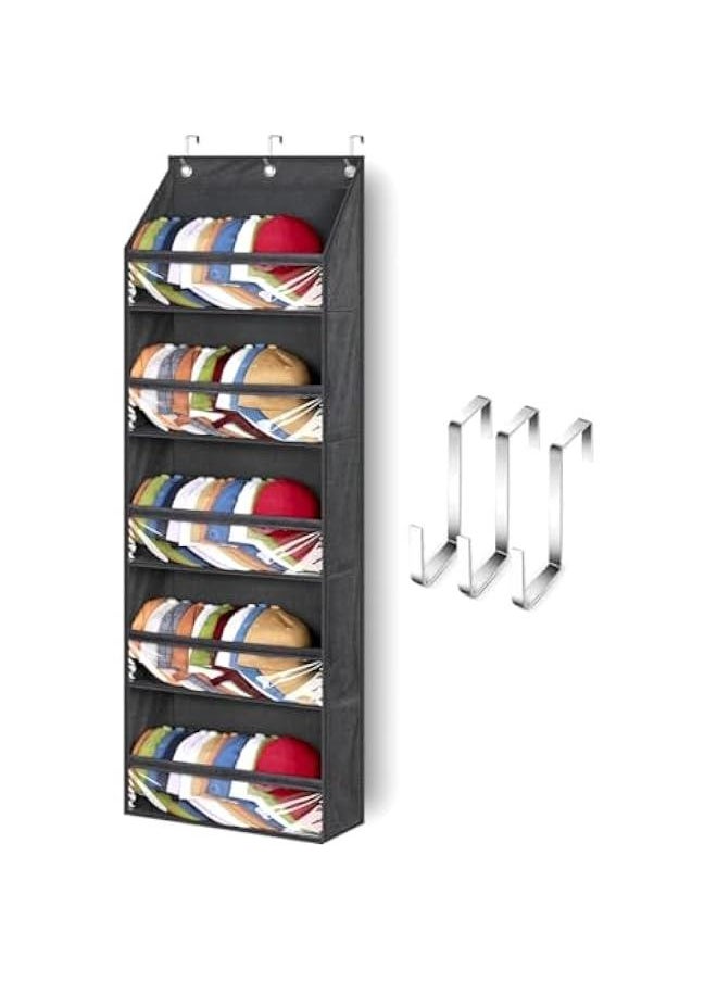 HOOKOR Over Door Hat Racks for Baseball Caps, Clear Deep Pockets Hat Organizer for Closet or Wall Hold 5 Shelves Hat Racks With 3 Hooks Caps Display  - Image 1