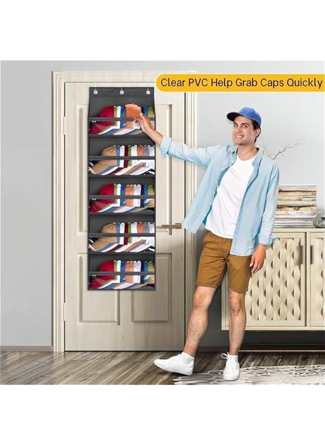 HOOKOR Over Door Hat Racks for Baseball Caps, Clear Deep Pockets Hat Organizer for Closet or Wall Hold 5 Shelves Hat Racks With 3 Hooks Caps Display  - Image 2