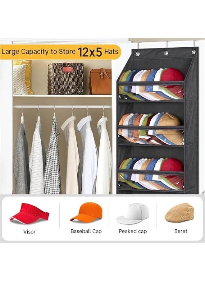 HOOKOR Over Door Hat Racks for Baseball Caps, Clear Deep Pockets Hat Organizer for Closet or Wall Hold 5 Shelves Hat Racks With 3 Hooks Caps Display  - Image 3