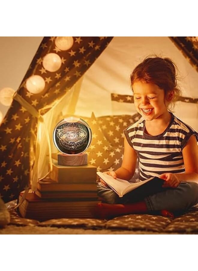 مصباح ليلي على شكل كرة كريستال ثلاثية الابعاد مع قاعدة خشبية - طاولة LED USB للاطفال والمراهقين وديكور المنزل