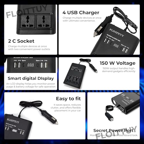 FLOITTUY Portable Car Power Inverter/Laptop Charger with LED Display | Car Socket to Plug Adapter | 12V DC to 220V AC Socket Converter | 4 USB+2 3Pin Plug+2 Type-C for Laptop,Mobile,Other(1) - Image 5