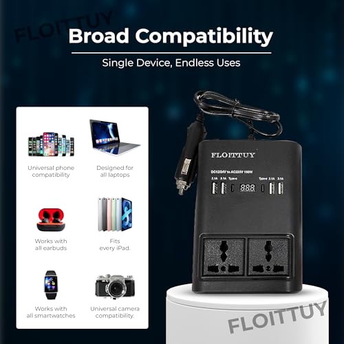 FLOITTUY Portable Car Power Inverter/Laptop Charger with LED Display | Car Socket to Plug Adapter | 12V DC to 220V AC Socket Converter | 4 USB+2 3Pin Plug+2 Type-C for Laptop,Mobile,Other(1) - Image 3