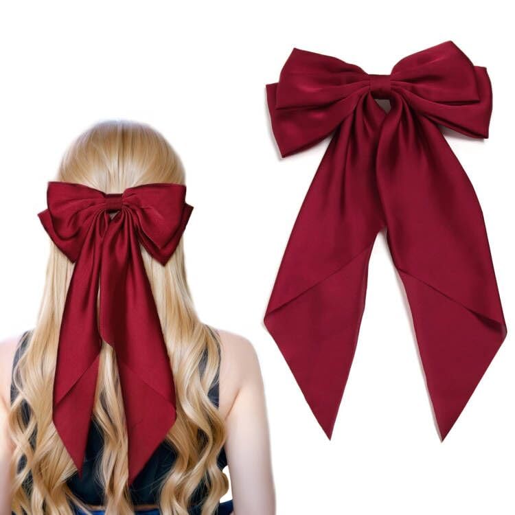 Women Big Bow Barrettes Girls Satin Hairclips Long Ribbon Hair Pins Accessories For Party Burgundy