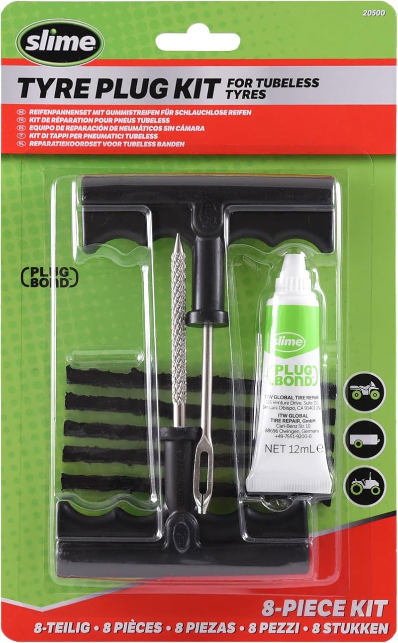 Slime 20500 Tyre Repair Reamer Plug Kit, Medium Heavy Duty Strings, T Handle Type and Plug Bond, 8 piece set Safe material - Image 1