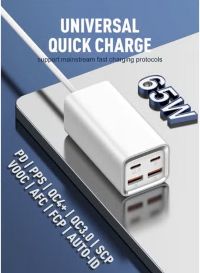 REBENUO Power Extension Strip 65 W Multi-Port Desktop Charging Station – 2× USB-C PD 65W + 2× USB-A QC 60W, 4-Port Fast Charger with 150 cm Cord, Auto-ID PD4+ QC3.0 PPS VOOC AFC Support, Fireproof PC Shell – Ideal for Home & Office - Image 4