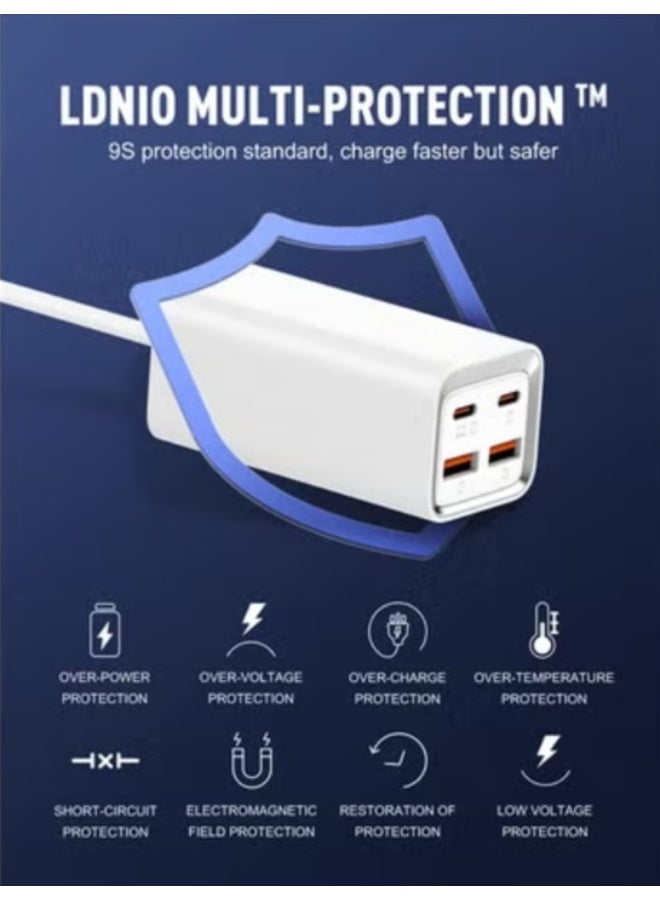 REBENUO Power Extension Strip 65 W Multi-Port Desktop Charging Station – 2× USB-C PD 65W + 2× USB-A QC 60W, 4-Port Fast Charger with 150 cm Cord, Auto-ID PD4+ QC3.0 PPS VOOC AFC Support, Fireproof PC Shell – Ideal for Home & Office - Image 5