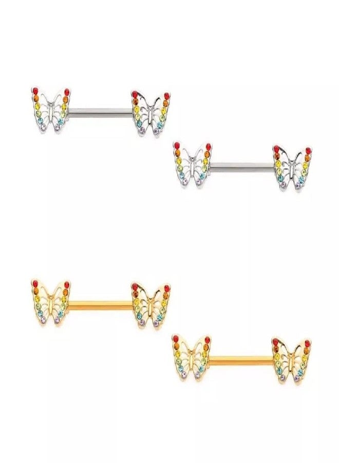 Pierced Owl 14GA 316L Stainless Steel Butterflies with Rainbow Gems Nipple Barbells, Sold as a Pair (Gold Tone) - Image 3