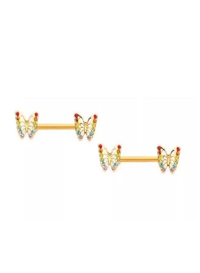 Pierced Owl 14GA 316L Stainless Steel Butterflies with Rainbow Gems Nipple Barbells, Sold as a Pair (Gold Tone) - Image 1