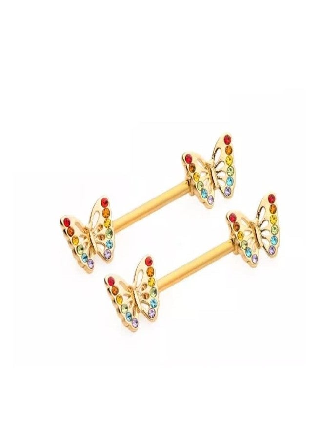 Pierced Owl 14GA 316L Stainless Steel Butterflies with Rainbow Gems Nipple Barbells, Sold as a Pair (Gold Tone) - Image 2