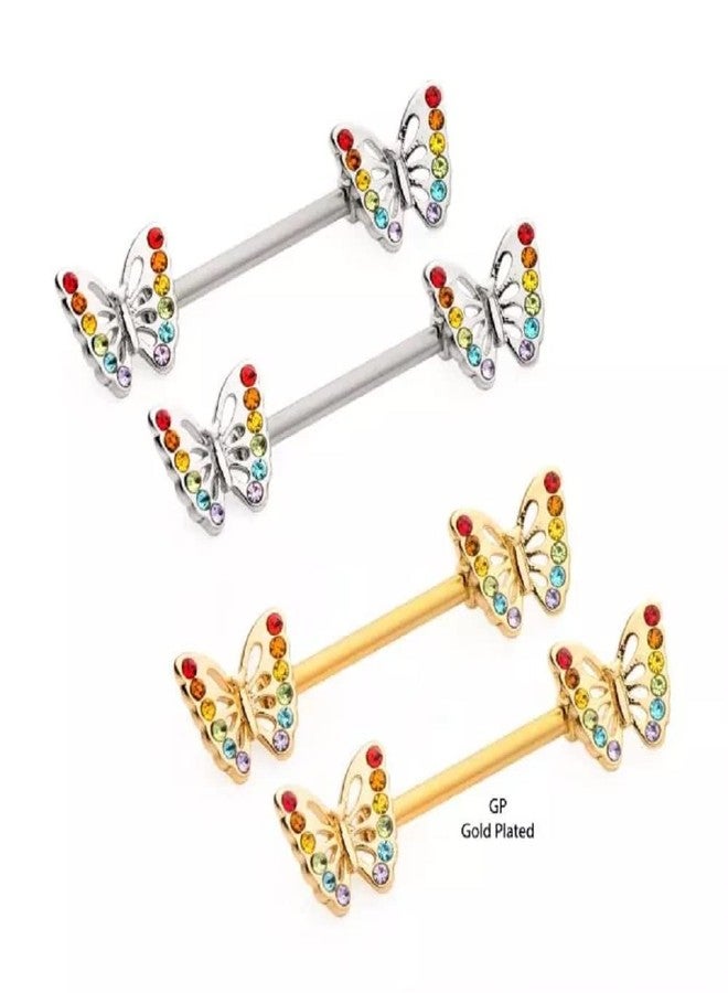 Pierced Owl 14GA 316L Stainless Steel Butterflies with Rainbow Gems Nipple Barbells, Sold as a Pair (Gold Tone) - Image 4