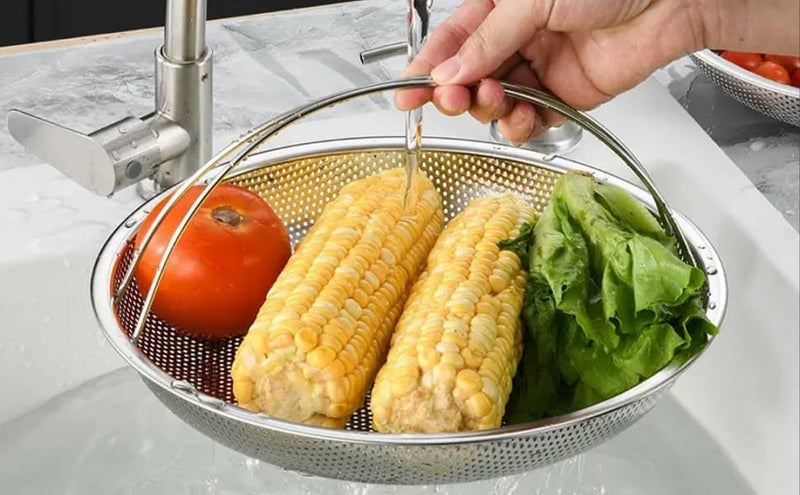 Lariox Multipurpose Stainless Steel Rice Washing Baskets Strainer Drainer with Handle Vegetable Fruit Noodles Washing Filter Basket for Kitchen Bowl Storing and Straining - Image 2
