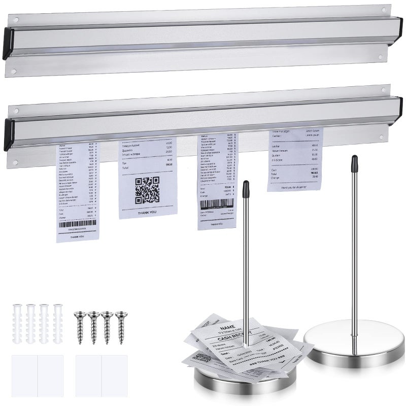 Photect 2 Pcs 16 Inch Restaurant Ticket Holder with 2 Stainless Steel Receipt Holder Spike Aluminum Slide Rack Rail for Restaurant Cafes Kitchen Pub Bar Hotel, Silver - Image 1