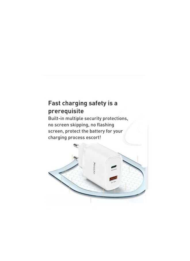 Yesido - Yesido YC47 USB Double Port USB AND Type C With Lightning Cable Travel Charger  1MM  White - Image 1
