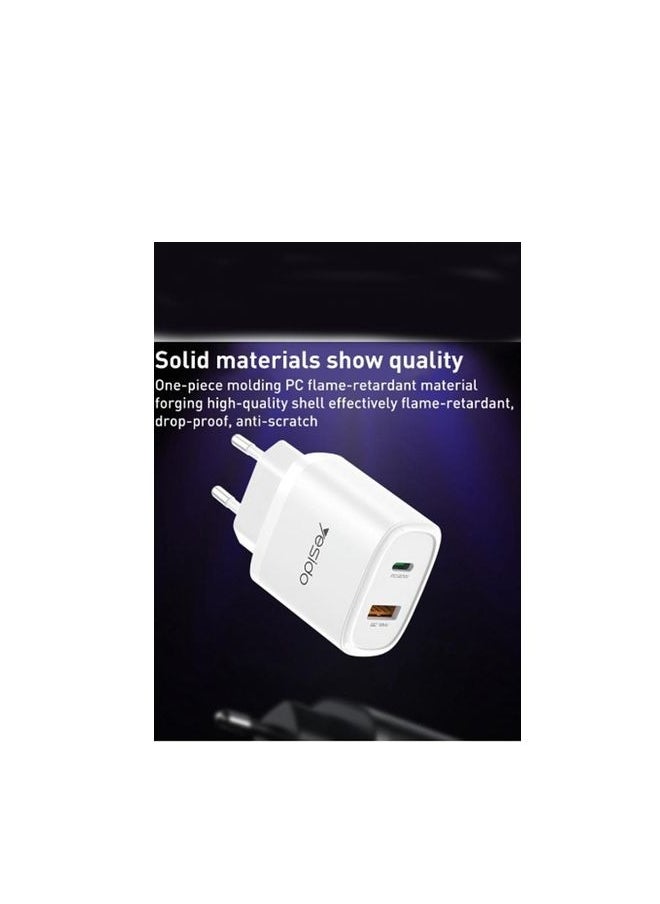 Yesido - Yesido YC47 USB Double Port USB AND Type C With Lightning Cable Travel Charger  1MM  White - Image 1