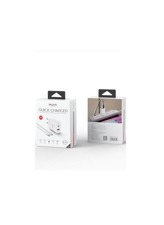 Yesido - Yesido YC47 USB Double Port USB AND Type C With Lightning Cable Travel Charger  1MM  White - Image 1