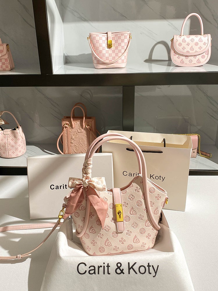 Pink Large-Capacity Basket Bag Embossed Bucket Tote Bag Crossbody Light Luxury Style Handbag - Image 2