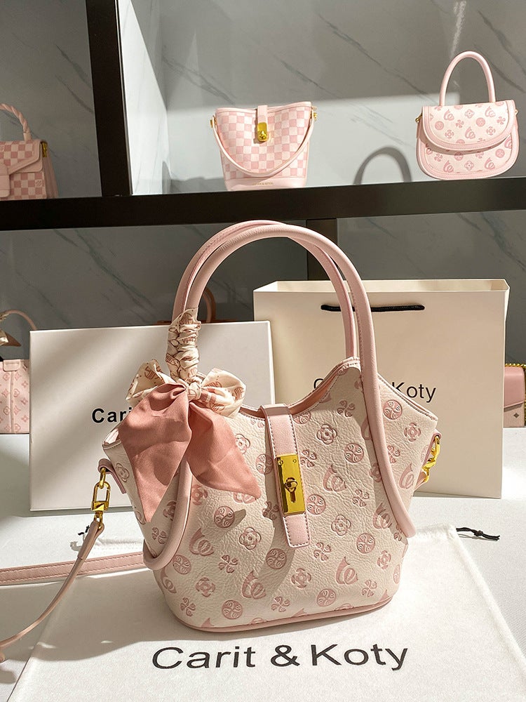 Pink Large-Capacity Basket Bag Embossed Bucket Tote Bag Crossbody Light Luxury Style Handbag - Image 3