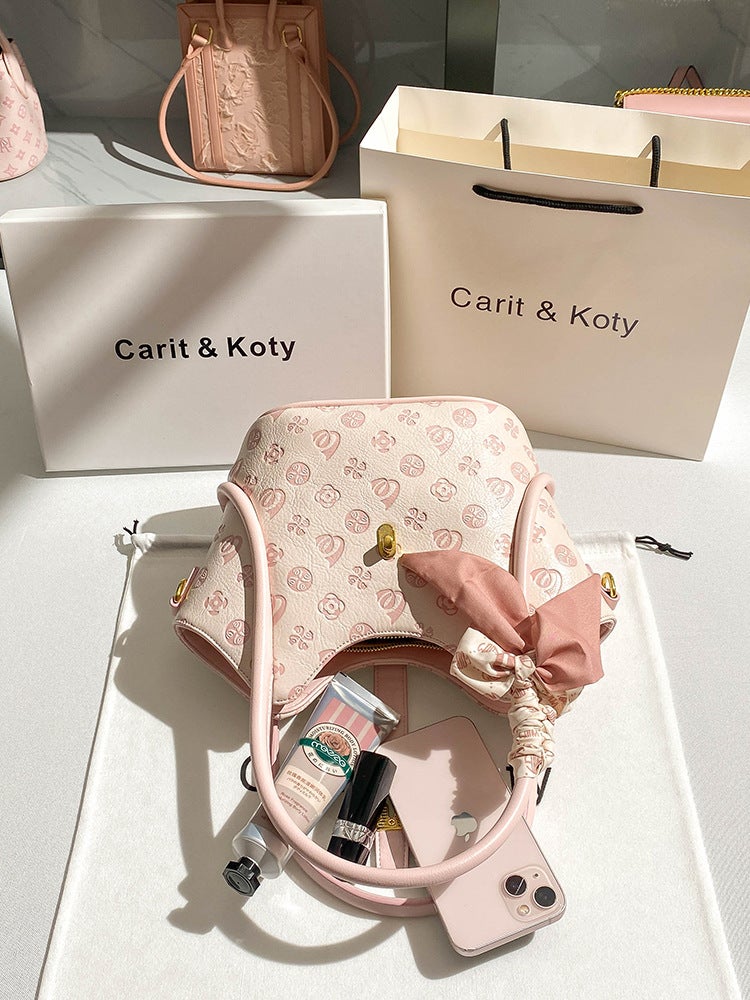 Pink Large-Capacity Basket Bag Embossed Bucket Tote Bag Crossbody Light Luxury Style Handbag - Image 4