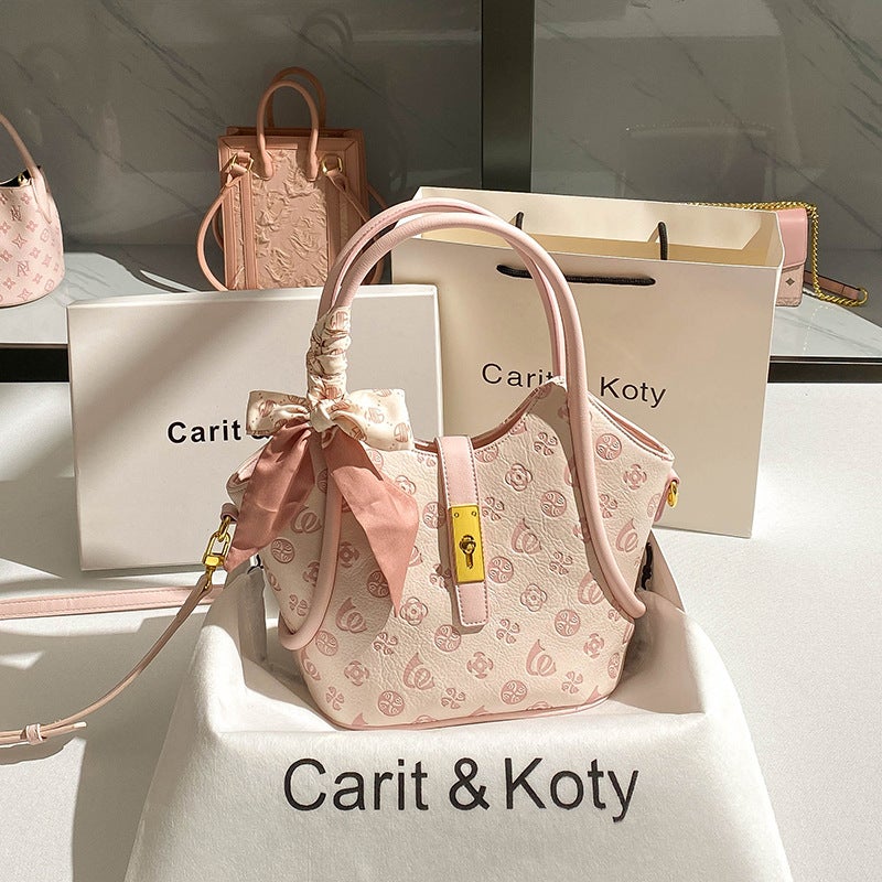 Pink Large-Capacity Basket Bag Embossed Bucket Tote Bag Crossbody Light Luxury Style Handbag - Image 1