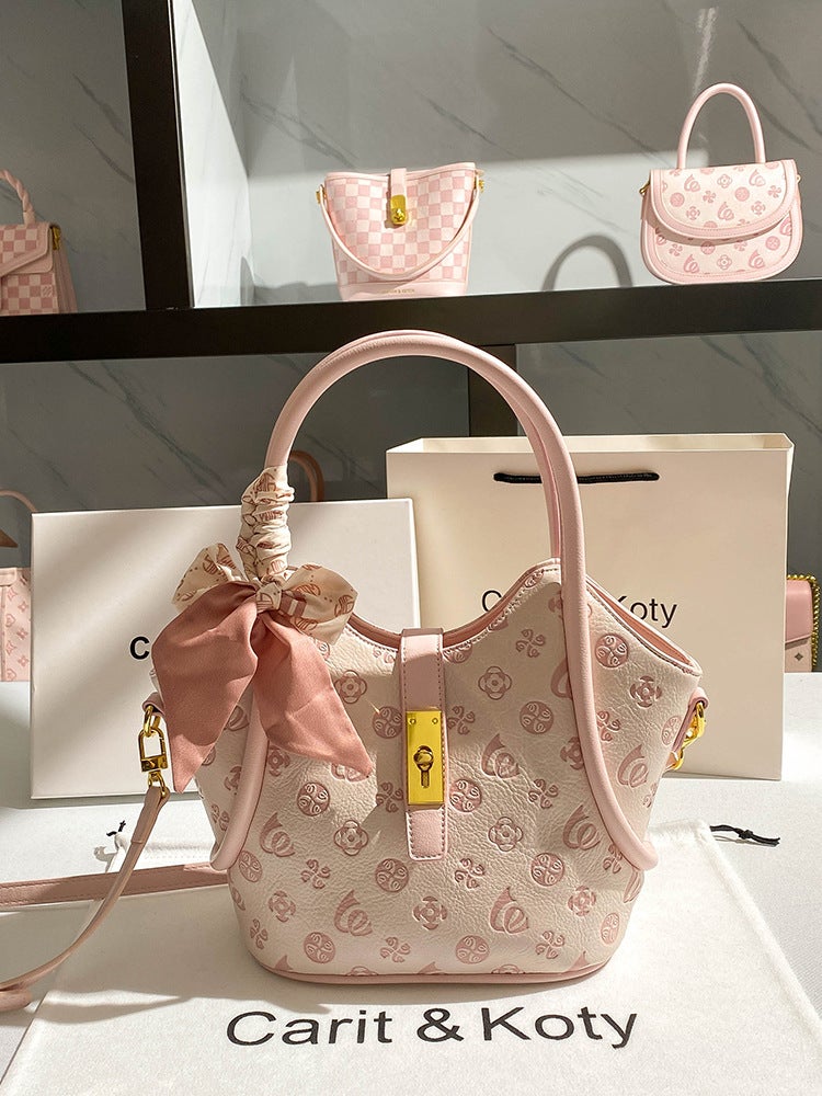 Pink Large-Capacity Basket Bag Embossed Bucket Tote Bag Crossbody Light Luxury Style Handbag - Image 5