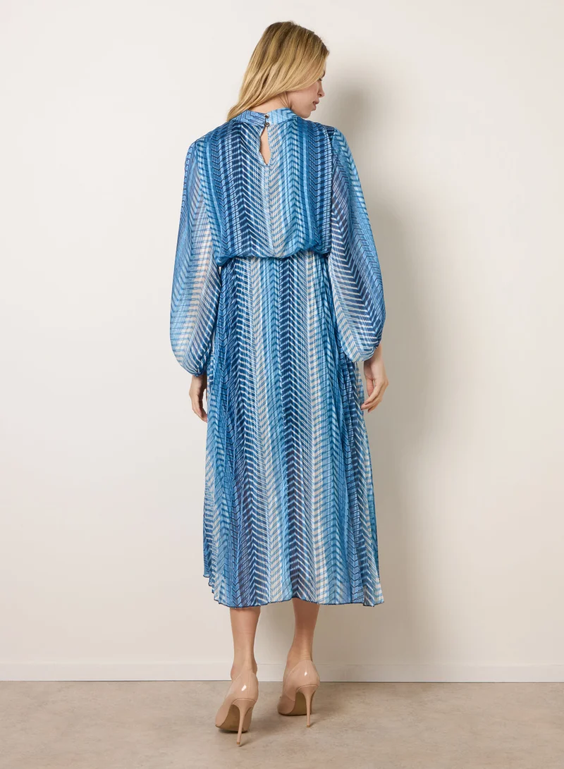 Blue Vanilla Zig Zag Metallic High Neck Puffball Pleated Dress