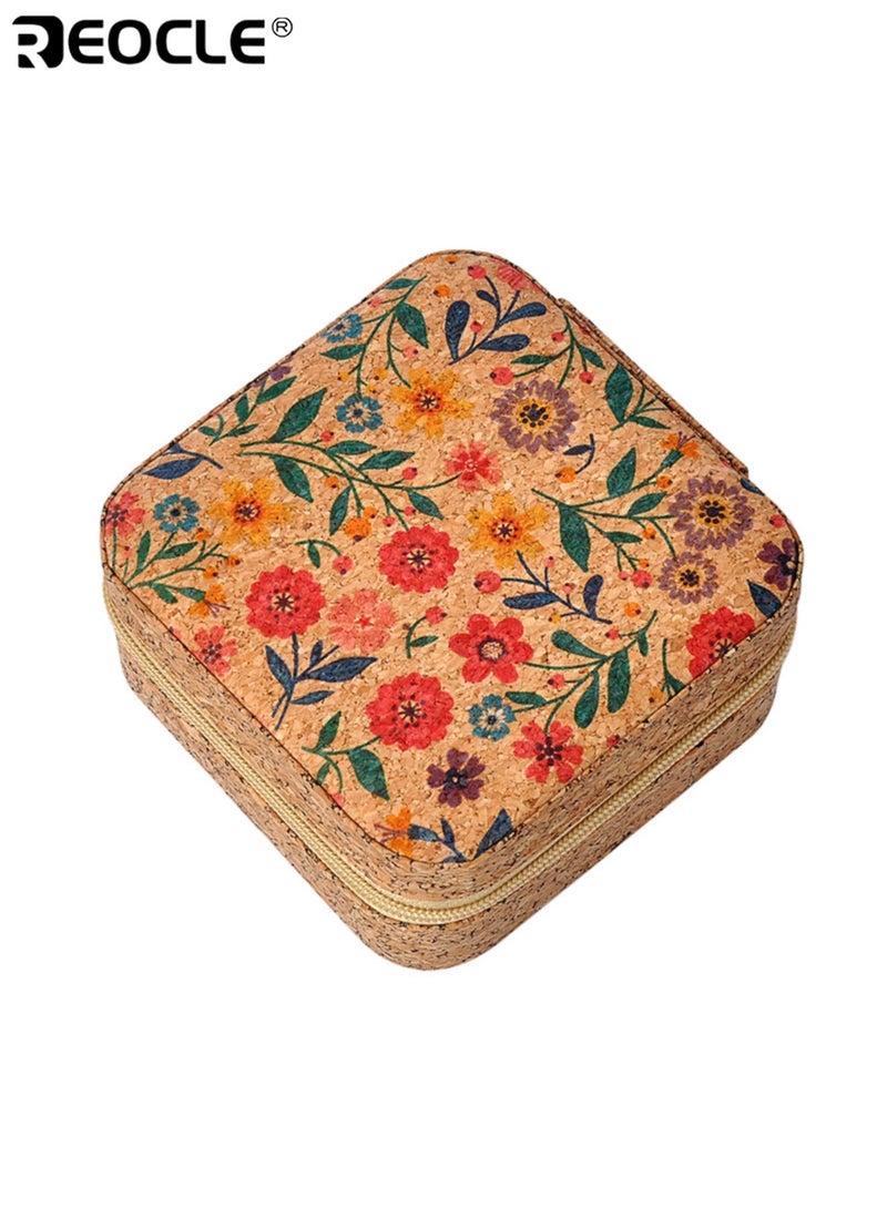REOCLE Vintage Cork Jewelry Box with Zipper Closure and Multiple Compartments Portable Ring Earring Organizer with Compact Design for Gift Giving - Image 3