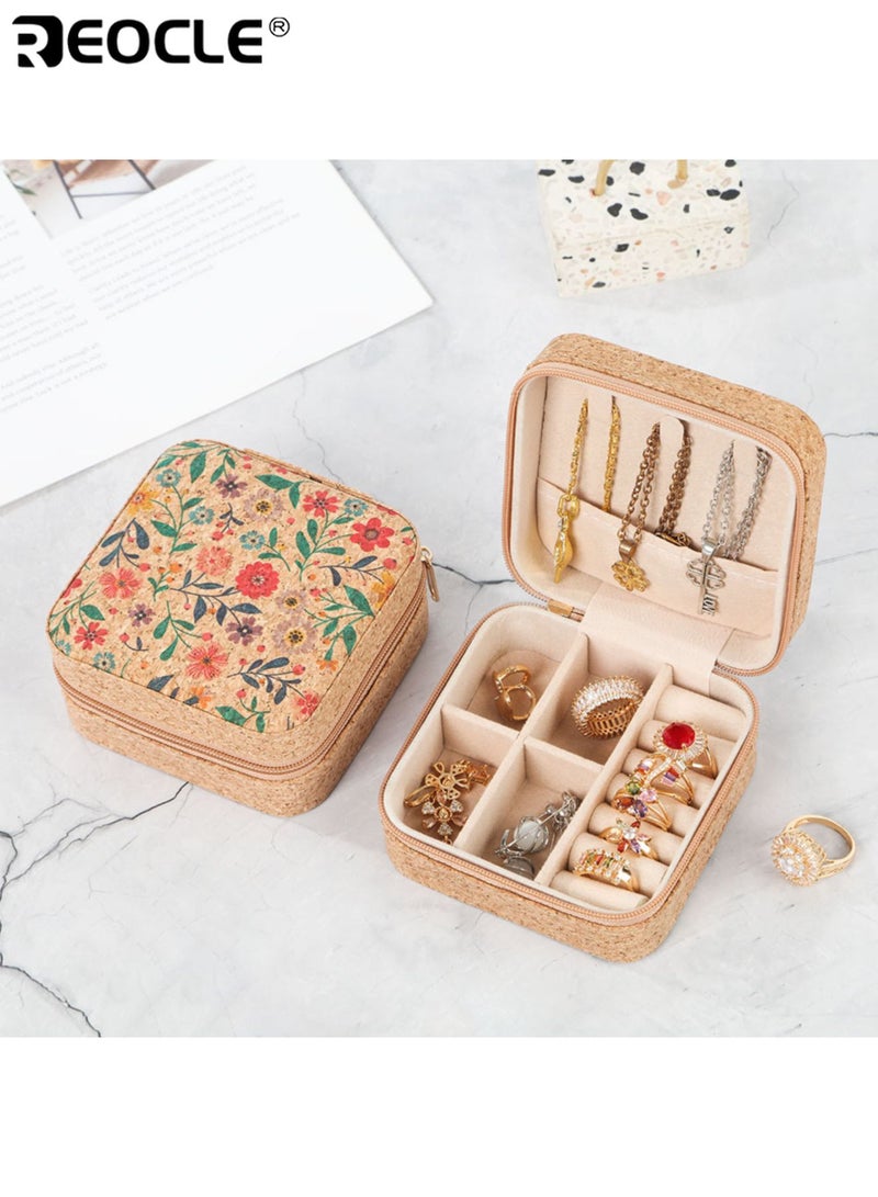 REOCLE Vintage Cork Jewelry Box with Zipper Closure and Multiple Compartments Portable Ring Earring Organizer with Compact Design for Gift Giving - Image 5