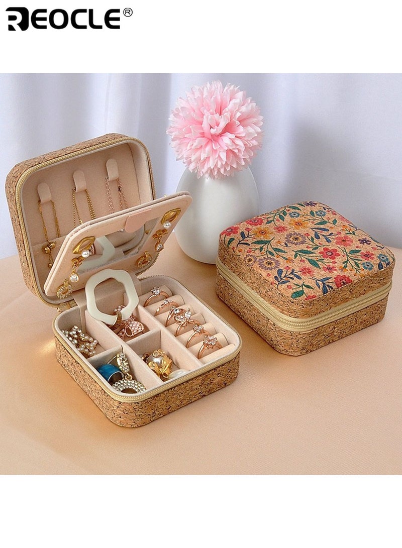 REOCLE Vintage Cork Jewelry Box with Zipper Closure and Multiple Compartments Portable Ring Earring Organizer with Compact Design for Gift Giving - Image 1