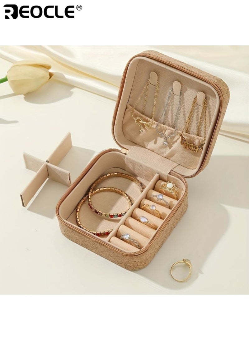 REOCLE Vintage Cork Jewelry Box with Zipper Closure and Multiple Compartments Portable Ring Earring Organizer with Compact Design for Gift Giving - Image 4