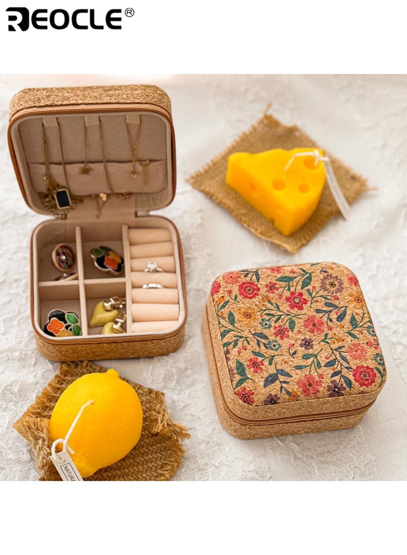 REOCLE Vintage Cork Jewelry Box with Zipper Closure and Multiple Compartments Portable Ring Earring Organizer with Compact Design for Gift Giving - Image 2