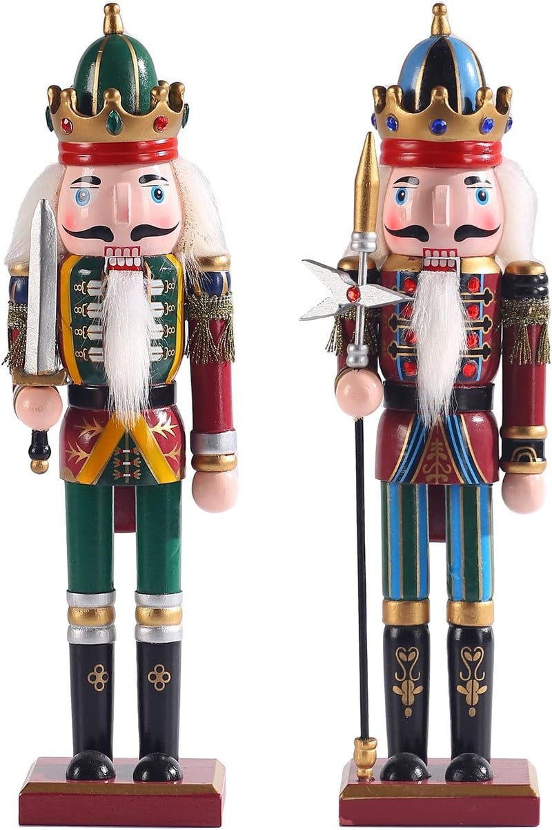 KoolShare 12-Inch Christmas Nutcracker Figurines, Set of 2 Traditional Wooden King & Soldier with Sword & Spear, Handcrafted Standing Holiday Decorations for Fireplace, Shelf, or Tabletop Display - Image 1