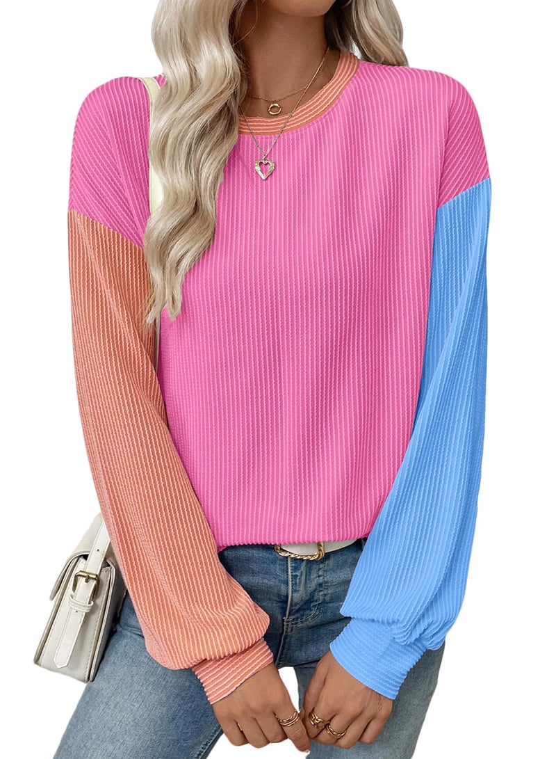 EVALESS Long Sleeve Shirts for Women Fall Tops 2026 Color Block Crewneck Elastic Ribbed Knit Oversized Tshirts Cute Dressy Casual Boho Tunic Tops Womens Clothes Rose Red Medium - Image 1