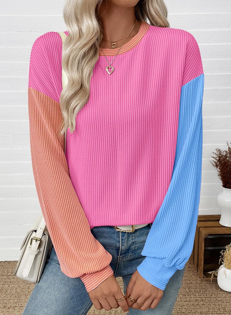 EVALESS Long Sleeve Shirts for Women Fall Tops 2026 Color Block Crewneck Elastic Ribbed Knit Oversized Tshirts Cute Dressy Casual Boho Tunic Tops Womens Clothes Rose Red Medium - Image 3