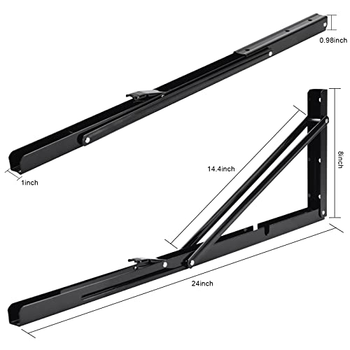 YUMORE Folding Shelf Brackets, 24 Inch Heavy Duty L Bracket, Black DIY Collapsible Shelf Bracket for Workbench Folding Table Hinge, Max Load: 330lb, Pack of 2 - Image 2