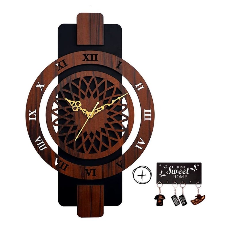 9br Wooden Silent Quartz Movement Wall Clock for Home Big Size Living Room Hall Bedroom Stylish Clock II Stylish Wall Clock for Home Decor Brown with Key Holder 311 Rect Roman - Image 1