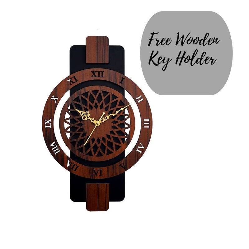 9br Wooden Silent Quartz Movement Wall Clock for Home Big Size Living Room Hall Bedroom Stylish Clock II Stylish Wall Clock for Home Decor Brown with Key Holder 311 Rect Roman - Image 2