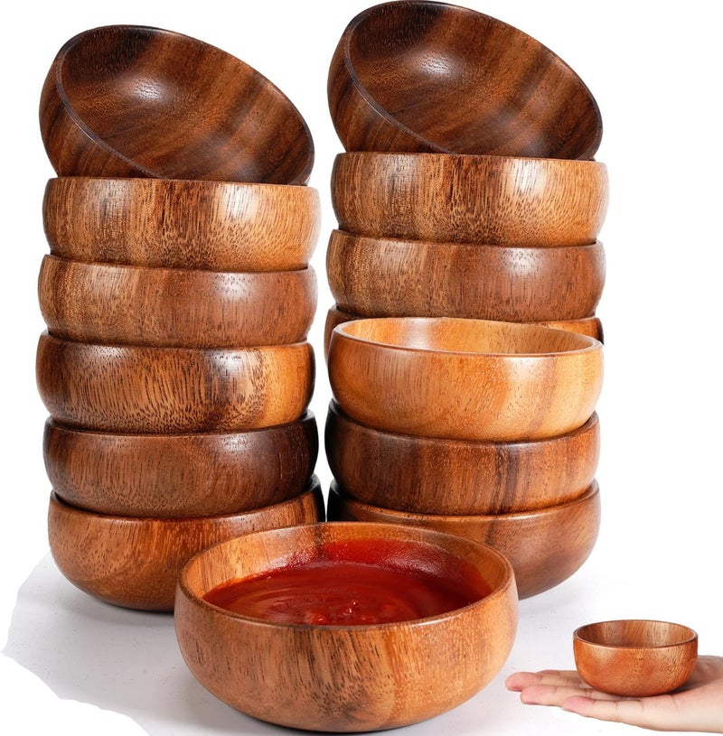 Skylety 20 Pcs Acacia Wooden Bowls Small Calabash Bowls Round Wood Salad Hand Carved Calabash Dip Tray for Serving Popcorn Pasta Candy Cereal Coconut Nuts Sauce Appetizers Kitchen (3 Inch) - Image 1